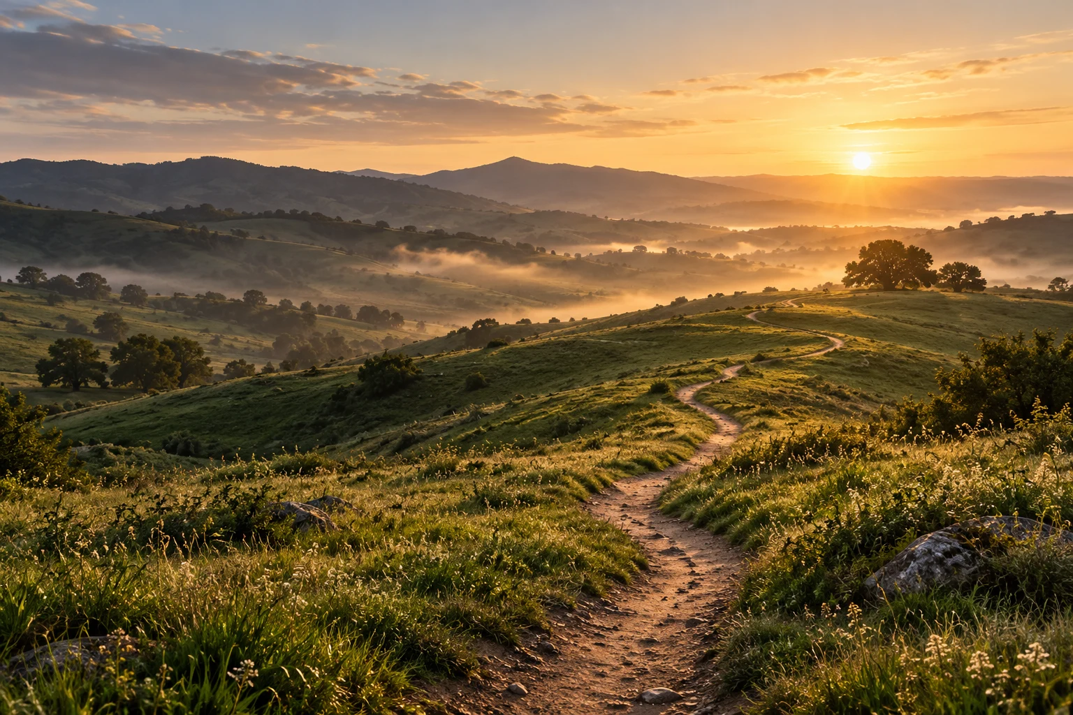 A sunlit footpath winding through green hills